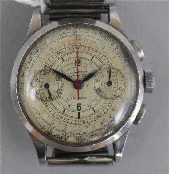 A gentlemans stainless steel Uweco chronograph manual wind wrist watch.